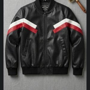 Black Bomber Jacket with Red and White Accents